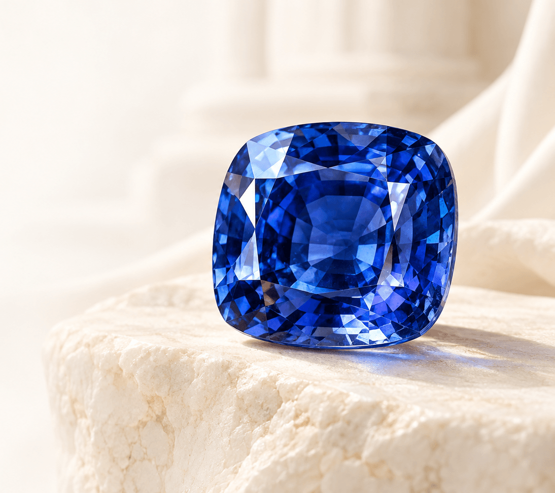 Natural cushion-cut sapphire resting on marble