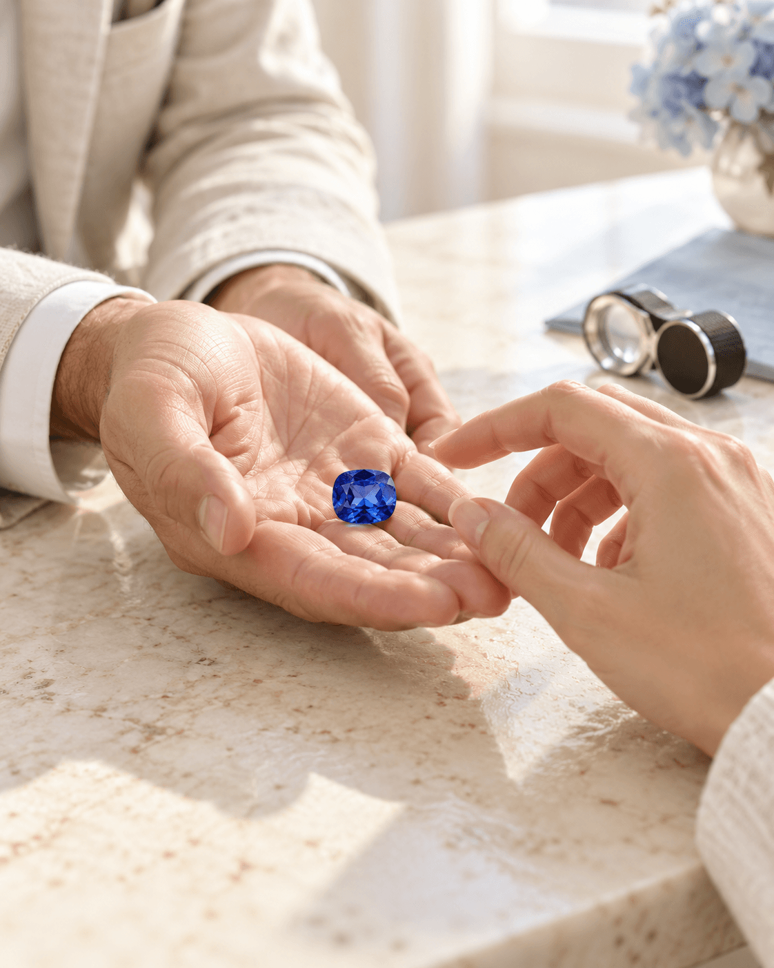 Two people examining a natural sapphire together