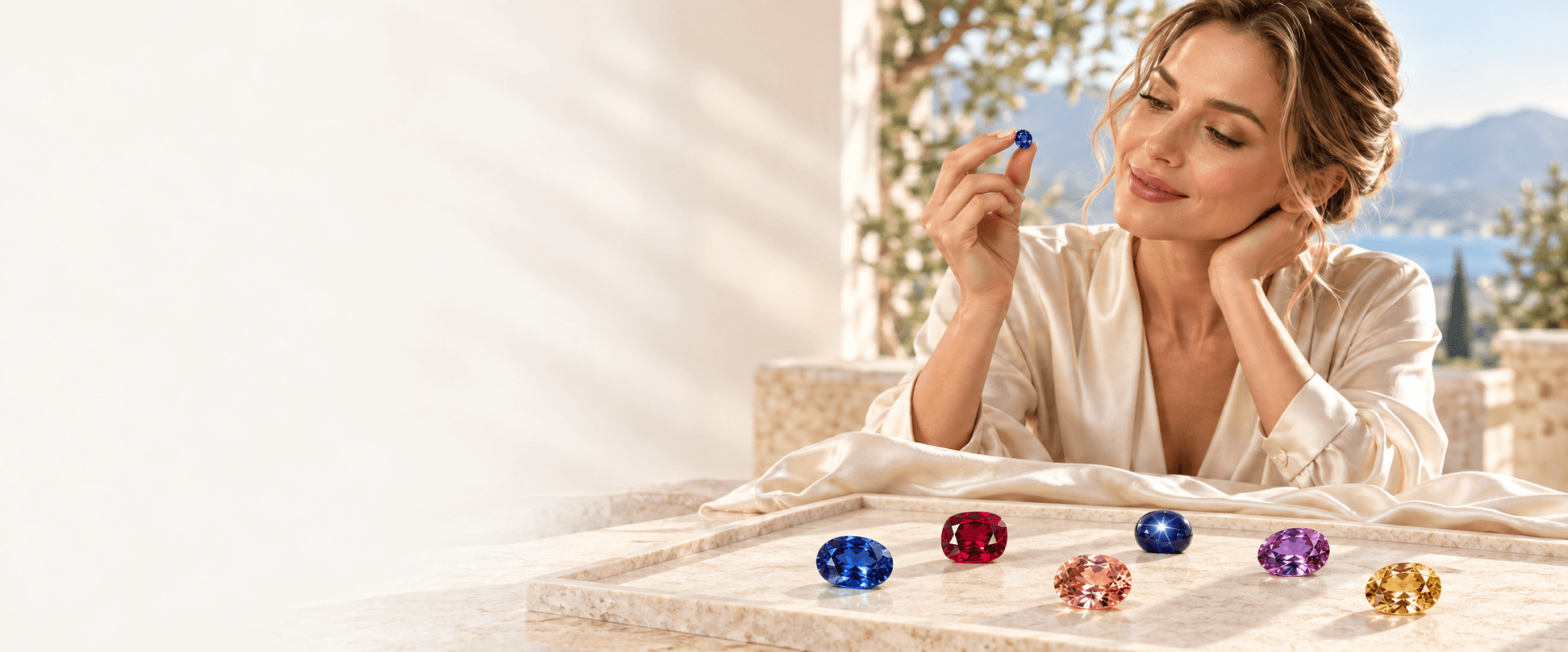 Woman examining a natural sapphire among a tray of loose gemstones